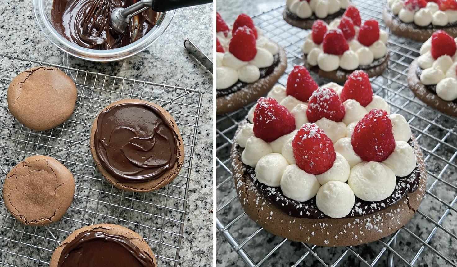 large chocolate macarons topped with chocolate ganache, cream cheese whipped cream, and raspberries