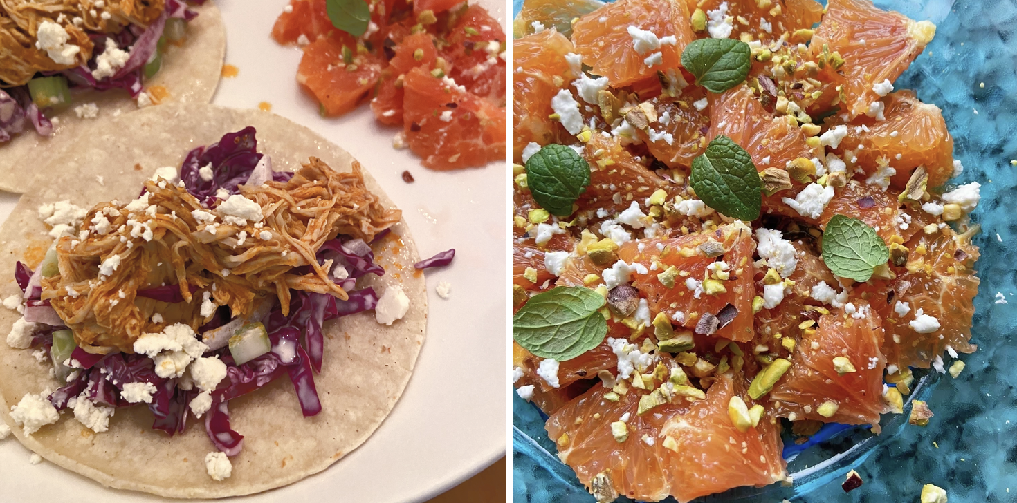 Shredded buffalo chicken tacos with cabbage slaw and a side of cara cara orange salad with feta, pistachios, and mint