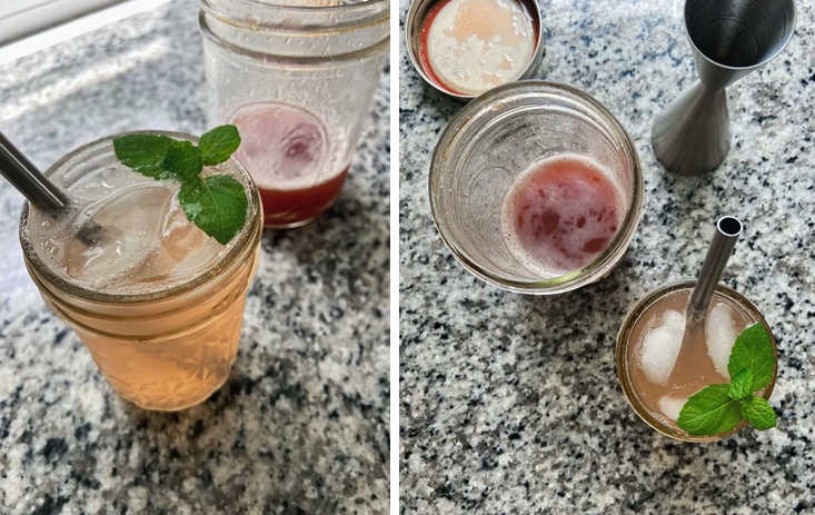 A glass of rhubarb shrub syrup next to a glass of iced rhubarb shrub sparkling drink with a garnish of mint