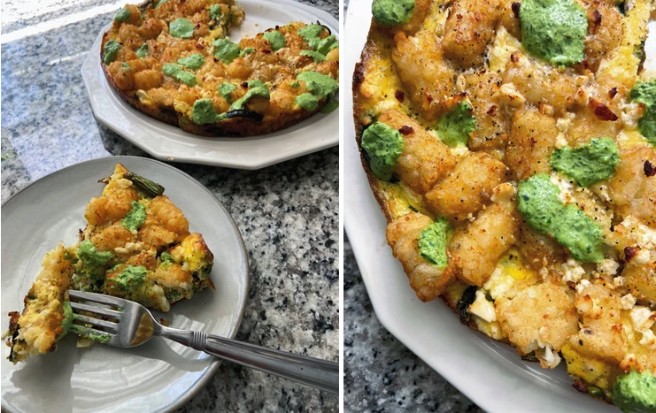 Tator tot frittata topped with creamy herb dressing