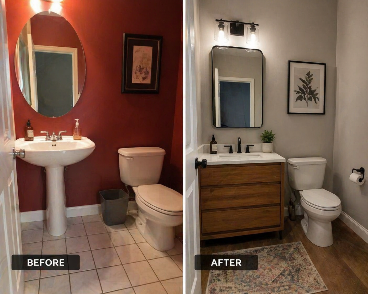 Bathroom renovation showing a before and after comparison; the before features a red wall, a pedestal sink, and a tile floor, while the after features a light wall, a wooden vanity, and a ceramic tile floor with a rug.