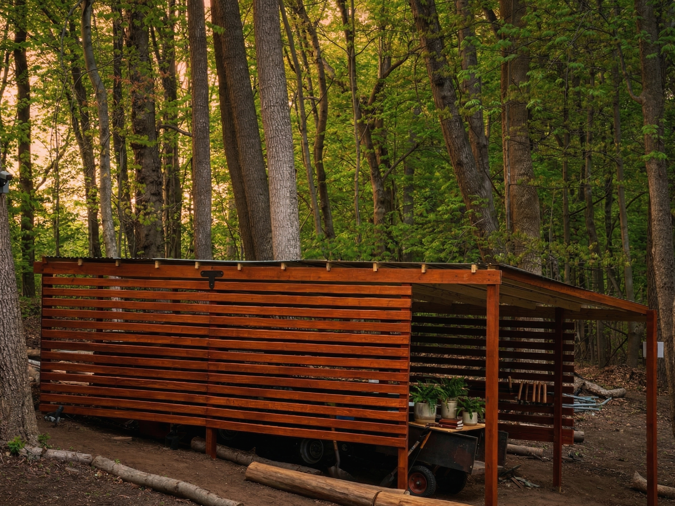 A wooden outdoor structure with horizontal slats in a forest with tall trees and green foliage.