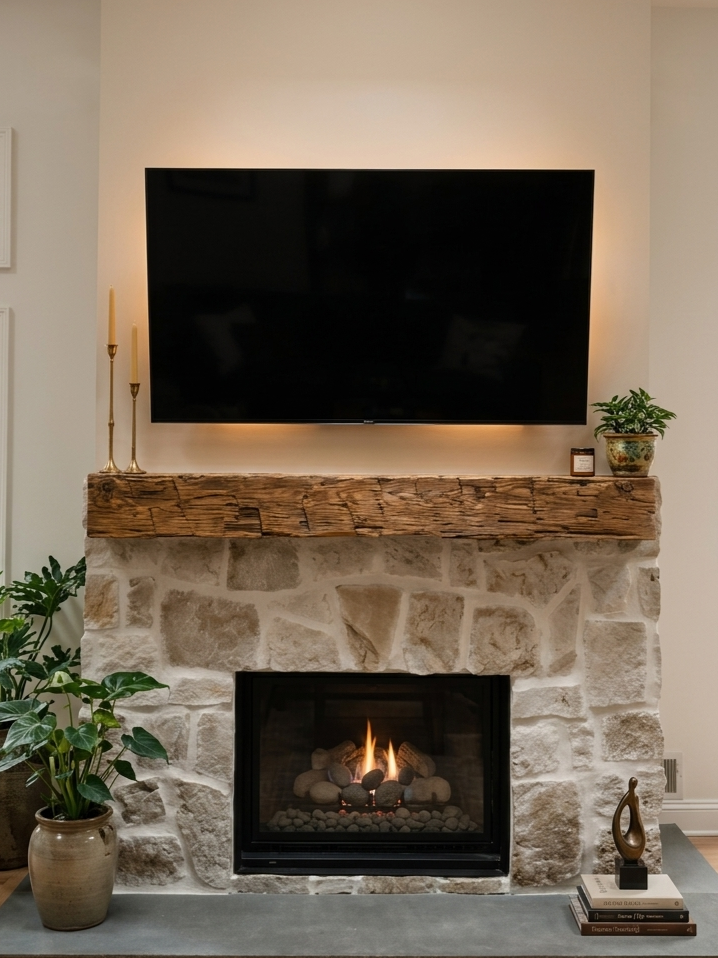 Living room fireplace made of stone with a wooden mantle, a flat screen TV mounted above, decorative candles and a potted plant on the mantle, and a small sculpture with books on the hearth.