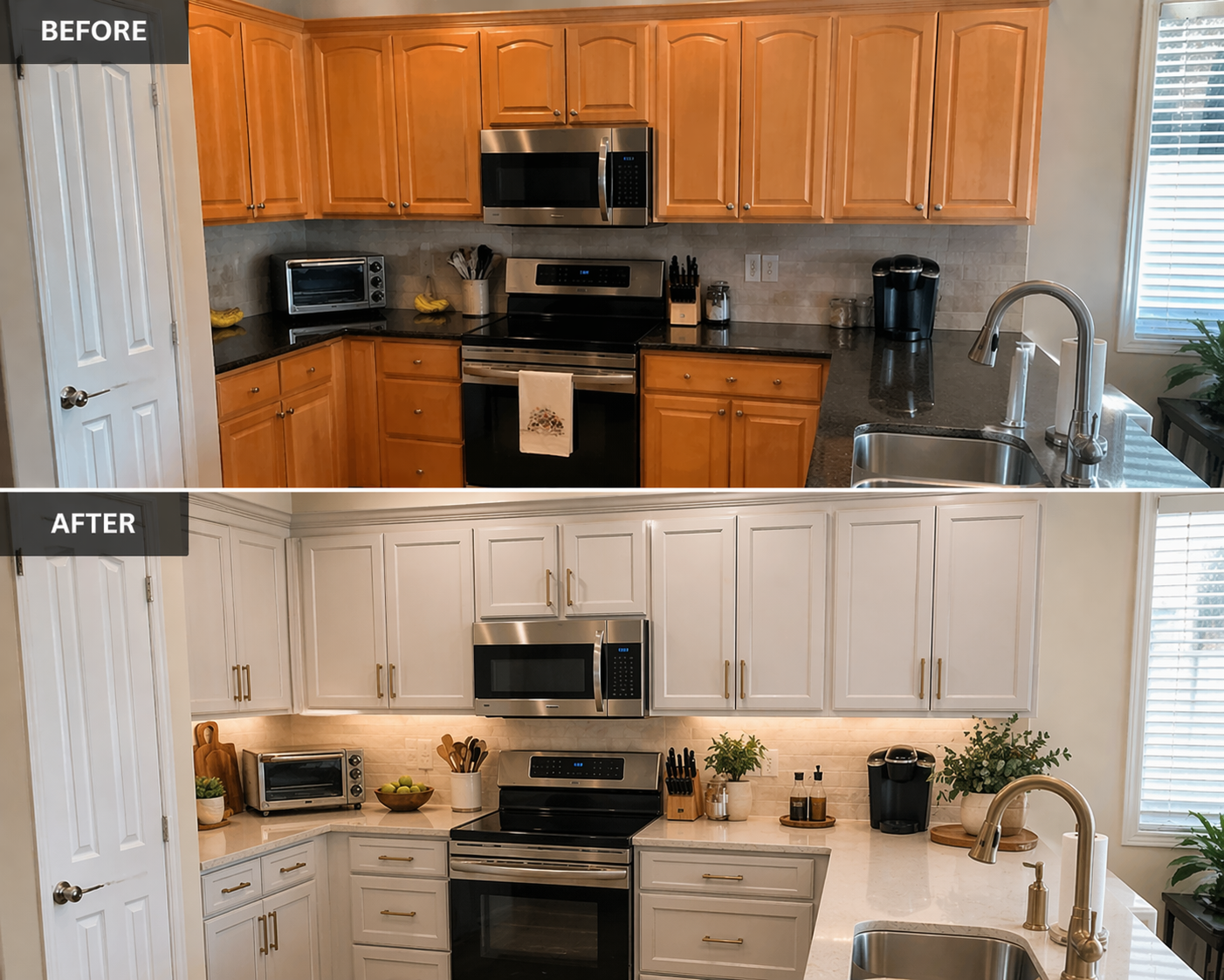 Before and after images of a kitchen renovation, showing white cabinets, black countertops, stainless steel appliances, and a sink with a modern faucet.