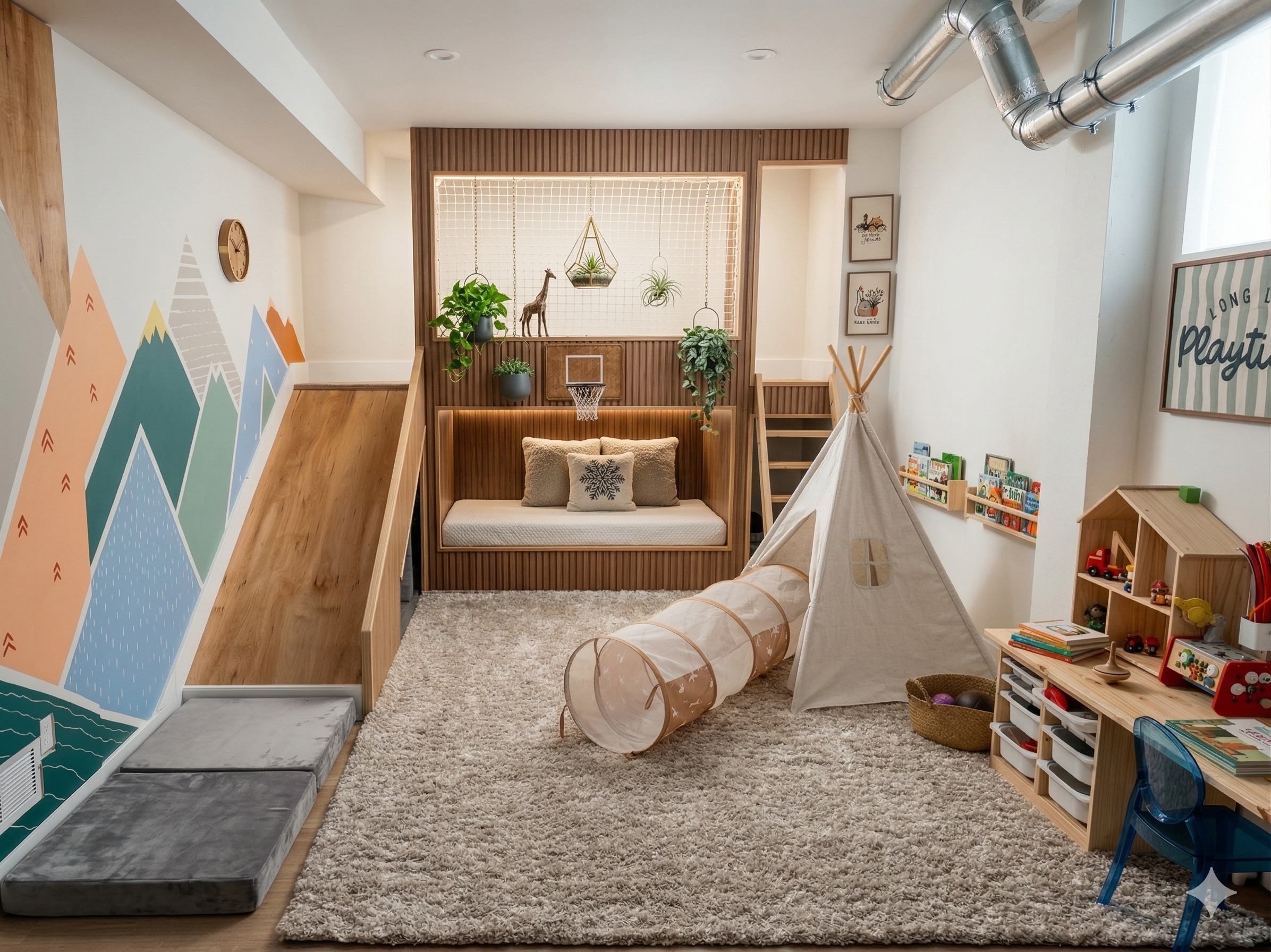 A children's playroom with a beige shag rug, a teepee tent, a small cushioned sleeping nook with decorative pillows, and wall art including mountains and a clock. There is a wooden playhouse shelf with toys, a wall-mounted bookshelf, and decorations such as plants, framed pictures, and a small basketball hoop on the wall.
