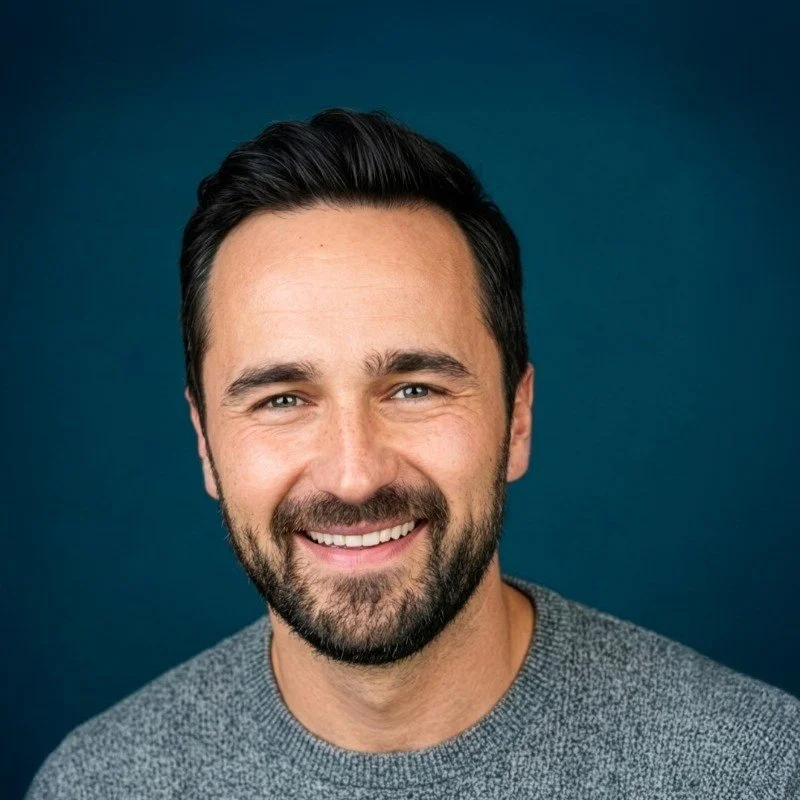 A smiling man with dark hair and a beard, wearing a gray sweater, against a dark teal background.