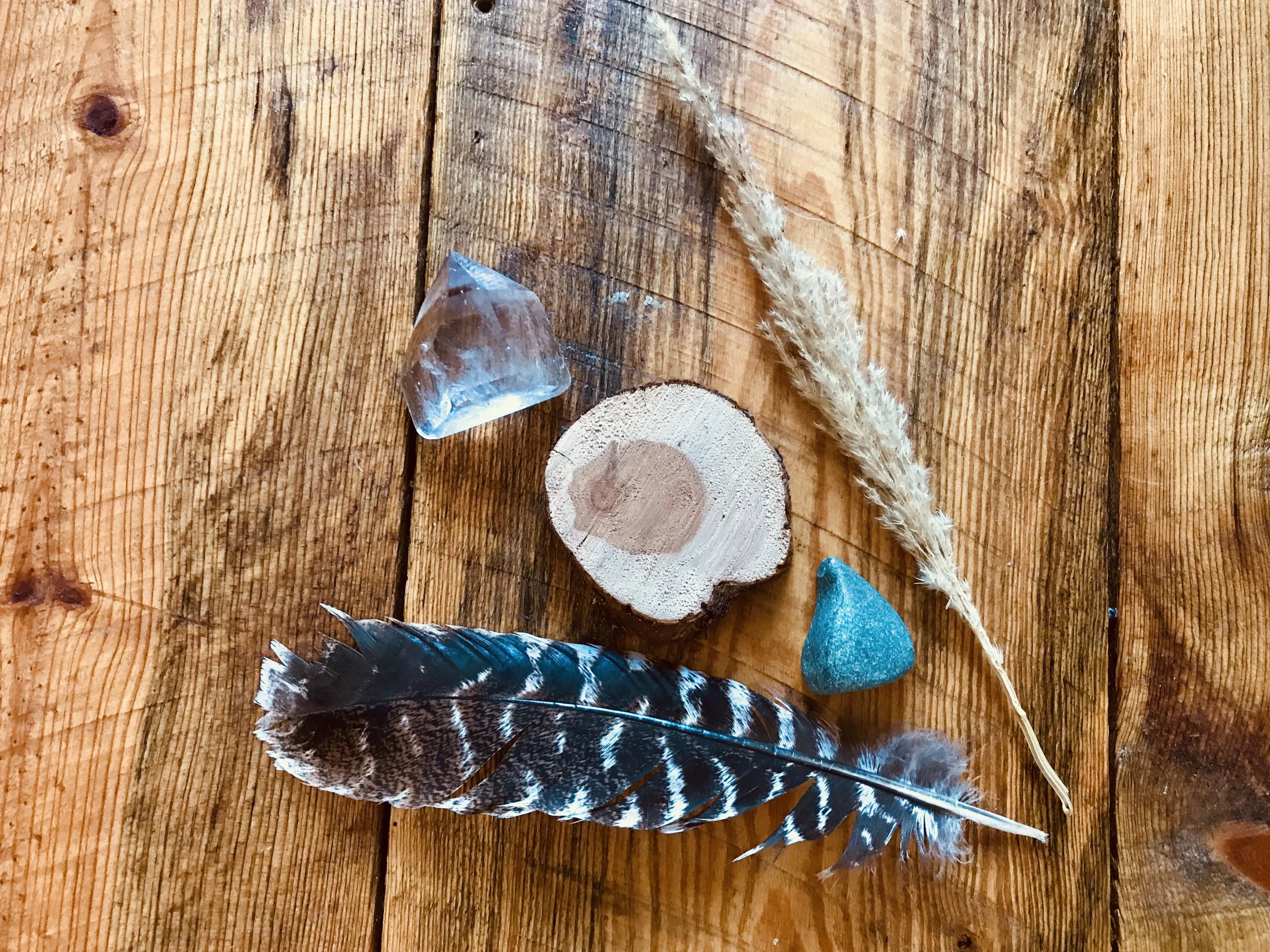 Feathers, a crystal, a small wooden disc, and a dried plant stem on a wooden surface.