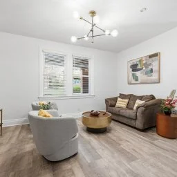 Living room with gray sofa, white armchair, wooden coffee table, framed abstract artwork, and potted plant, illuminated by a ceiling light fixture, with windows and blinds.