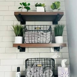 Two wooden shelves with black brackets mounted on a white brick wall. The top shelf holds three potted plants, and the bottom shelf has two potted plants and two wire storage baskets, one with tissues.