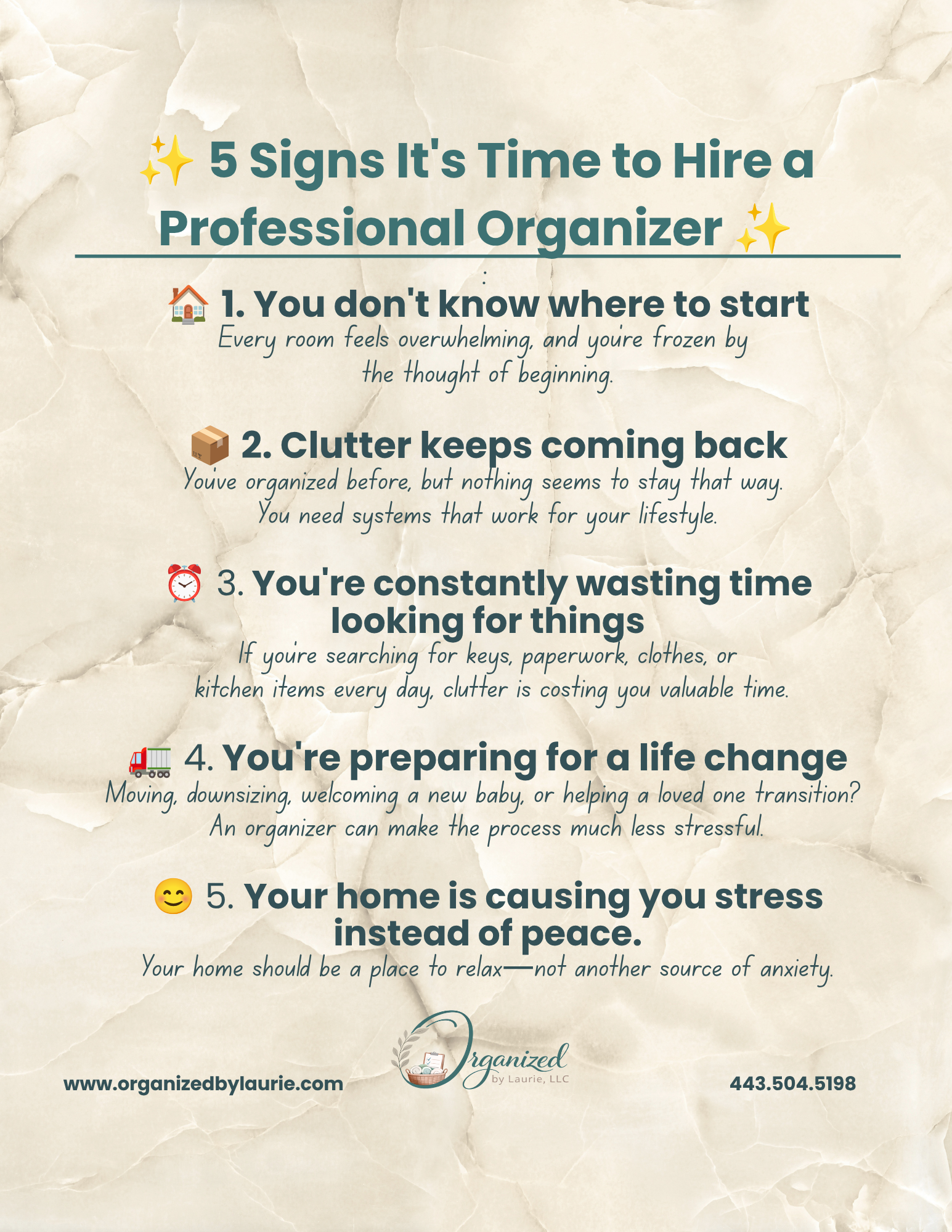 A promotional infographic emphasizing signs for when it's time to hire a professional organizer, listing five signs such as feeling overwhelmed by clutter, waste of time searching for items, stress at home, and needing life changes, with a soft, text
