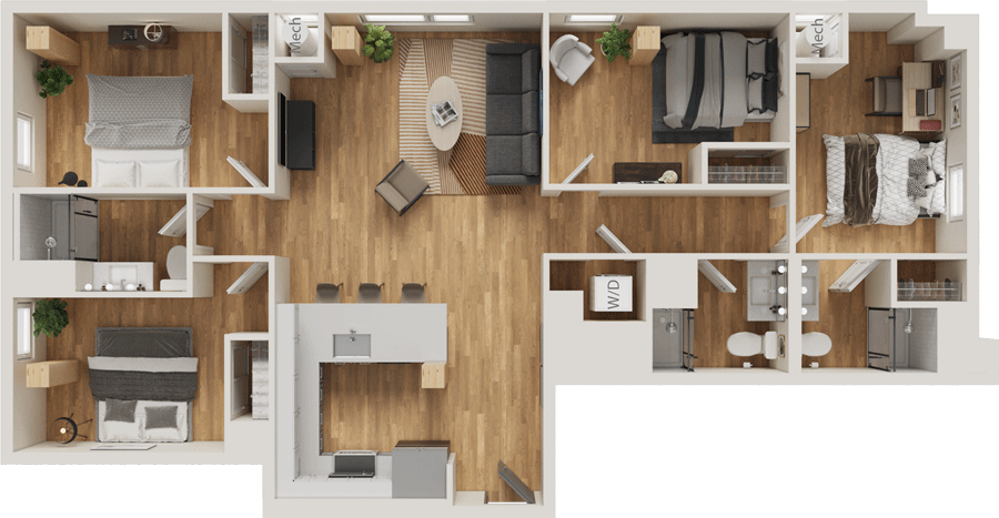 INTRO Columbus D2 dual occupancy floor plan, 1,382 square feet, 4 bedrooms and 3 bathrooms for 5 residents in Columbus, OH