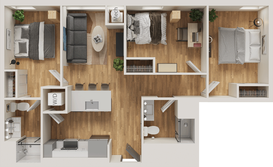 INTRO Columbus | C1 Three Bedroom Apartment near OSU | Floor Plan Rendering | 3 Bed | 2 Bath