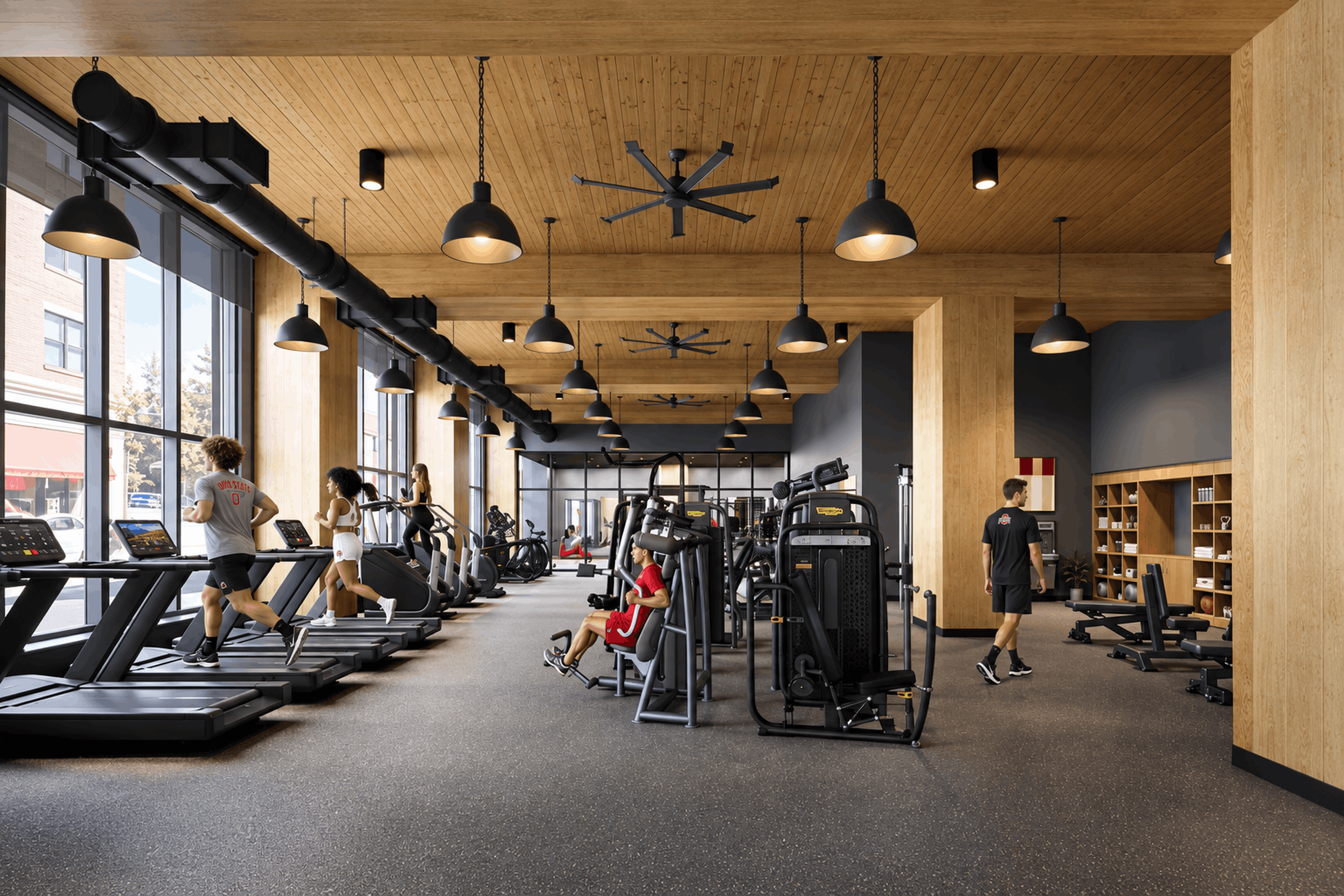 Interior of a modern gym with wood ceiling, large windows, and exercise equipment including treadmills and weight machines. People are working out and walking