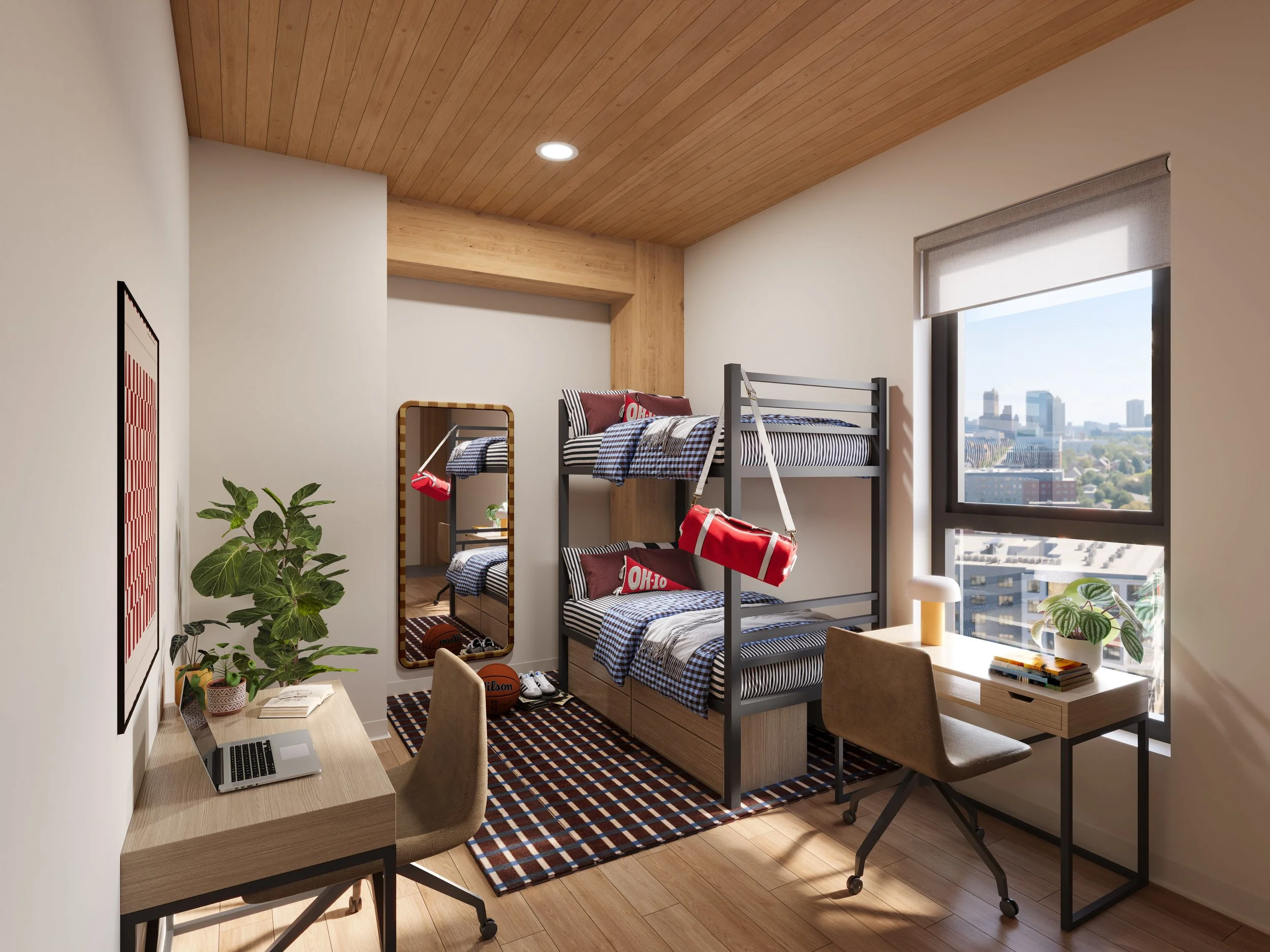 A modern loft bedroom with skylight, wooden ceiling, bunk beds, a window showing cityscape, plants, a desk with a laptop, and a mirror.