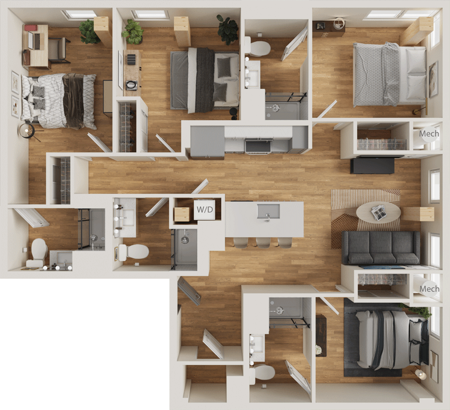 INTRO Columbus | D1 Four Bedroom Apartment near OSU | Floor Plan Rendering | 4 Bed | 4 Bath