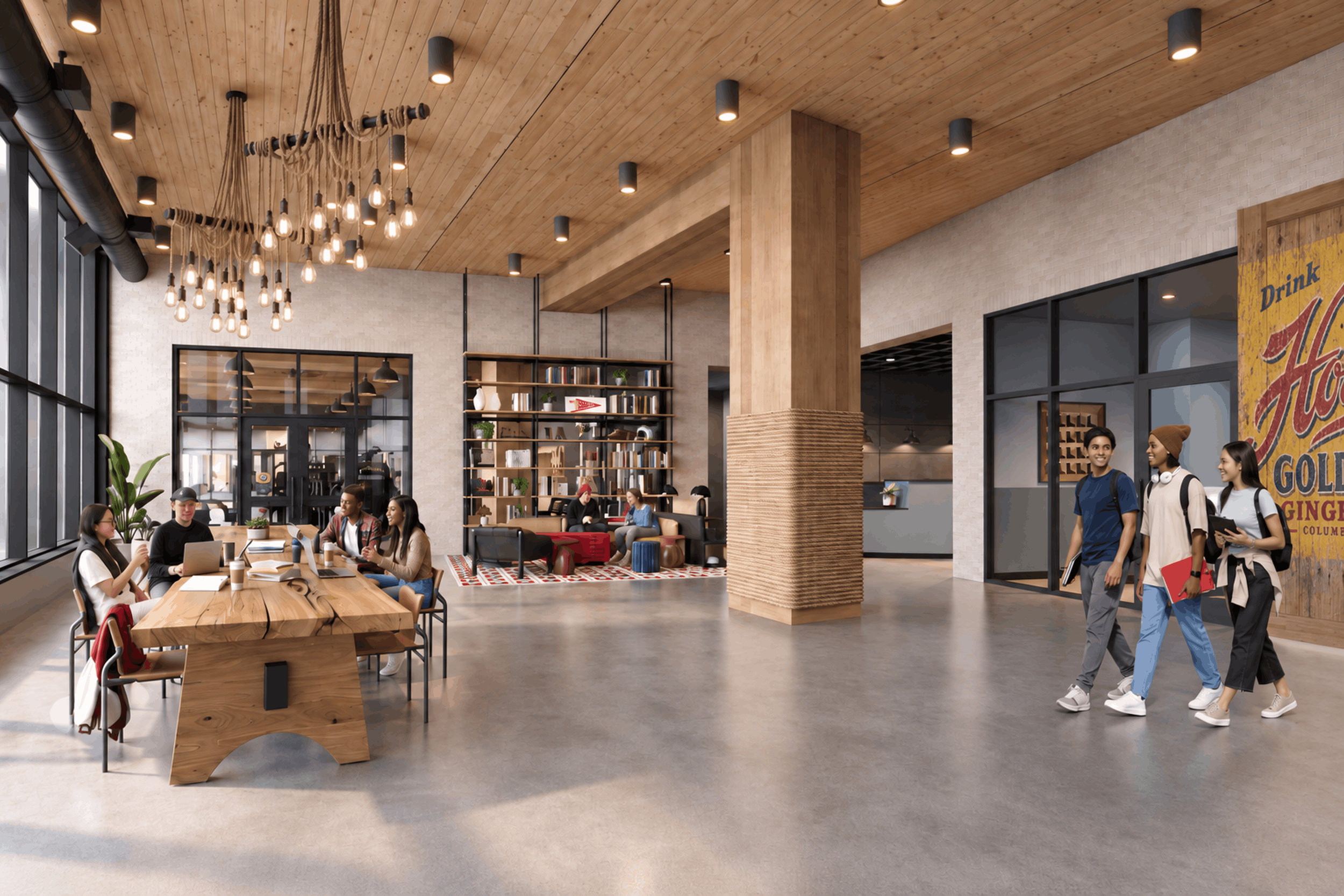 Interior of a modern, spacious community space with people sitting at a large wooden table and chatting. The space features a high wooden ceiling with black track lighting and hanging Edison bulbs. There is a bookshelf against the wall and large windows letting in natural light. Three women are walking and talking near a bright yellow colorful sign on the wall.