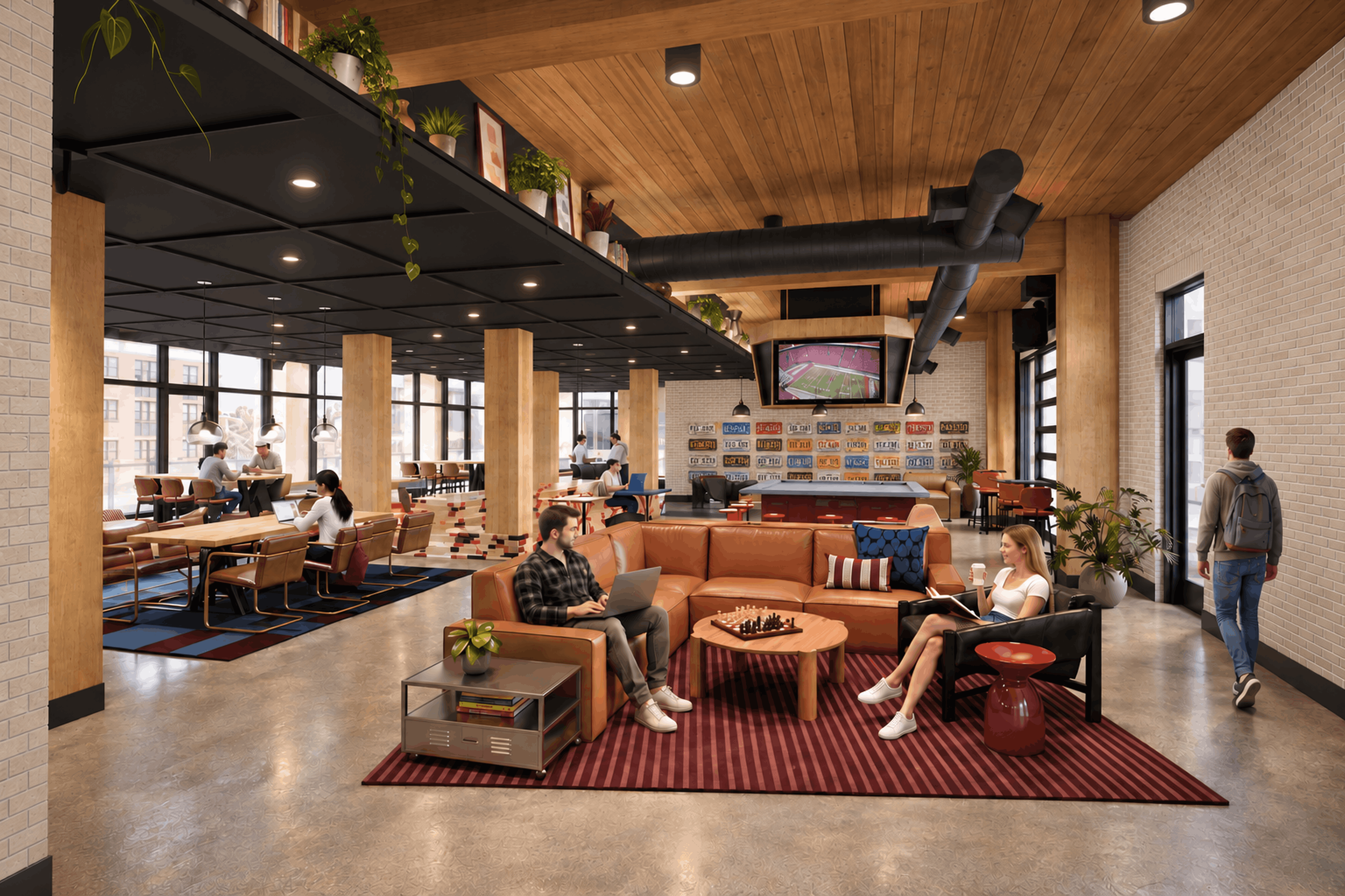 Modern indoor lounge area with large windows, brick walls, wooden ceiling, and plants. People are sitting and working on laptops or chatting. A TV shows a sports game. Various furniture and decor enhance the cozy atmosphere.