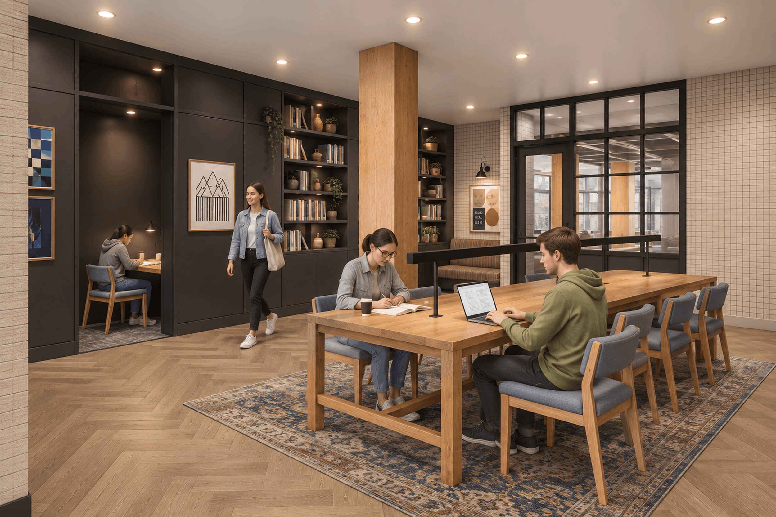 A modern coworking space with people working at tables, shelves with books and plants, large glass windows, and art on the walls.