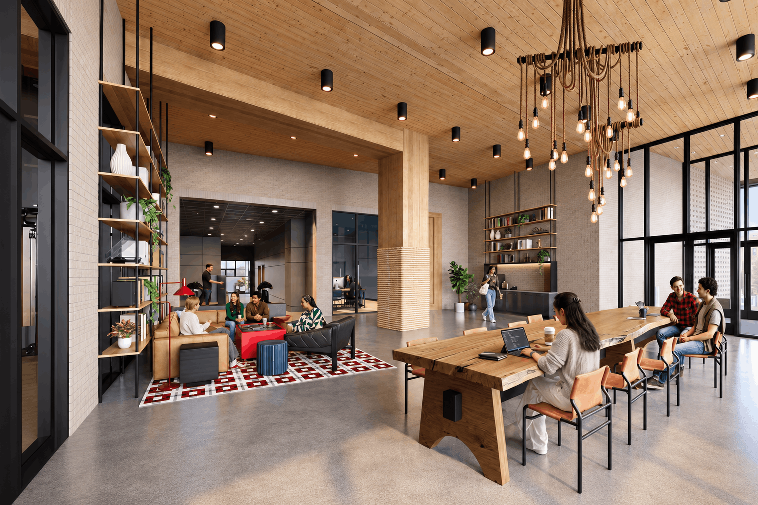 Modern coworking space with people working and socializing, featuring wooden ceiling, black lighting fixtures, large windows, and eclectic furniture.