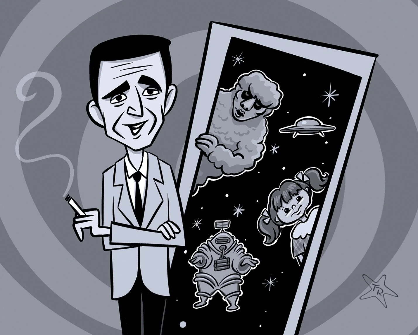 An illustration of Twilight Zone Rod Serling next to a door with series characters.