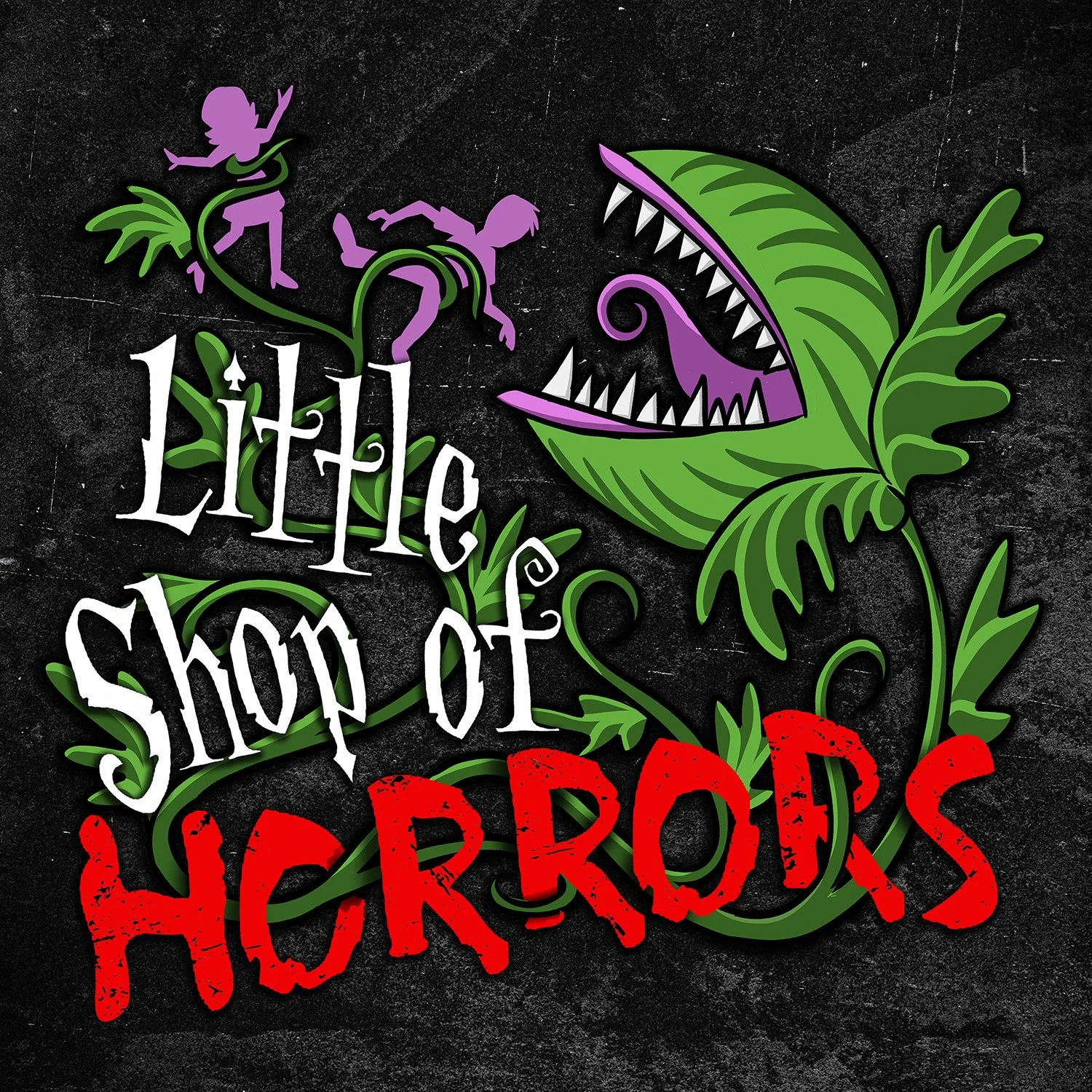 Theater illustration of Audrey II gripping Seymour and Audrey in its tendrils, with the partially visible text 'Little Shop of Horrors' in stylized white and red fonts.