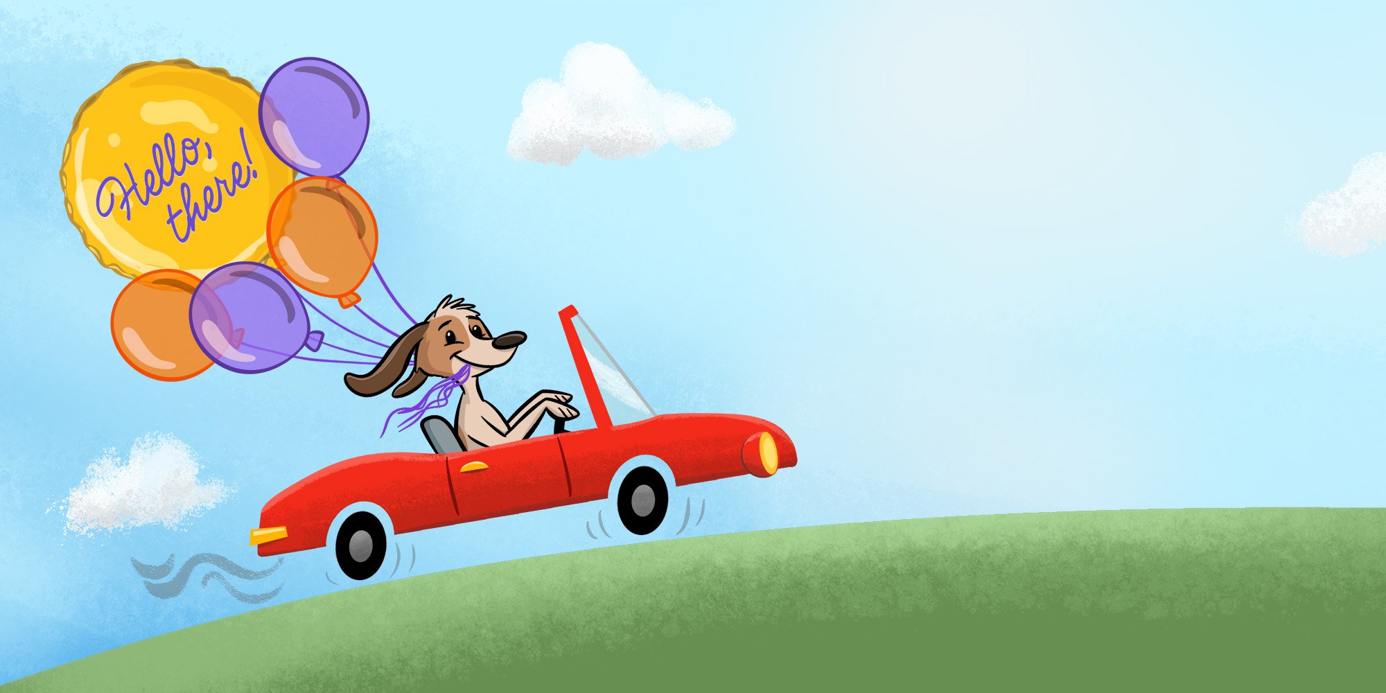 dog driving car with balloons