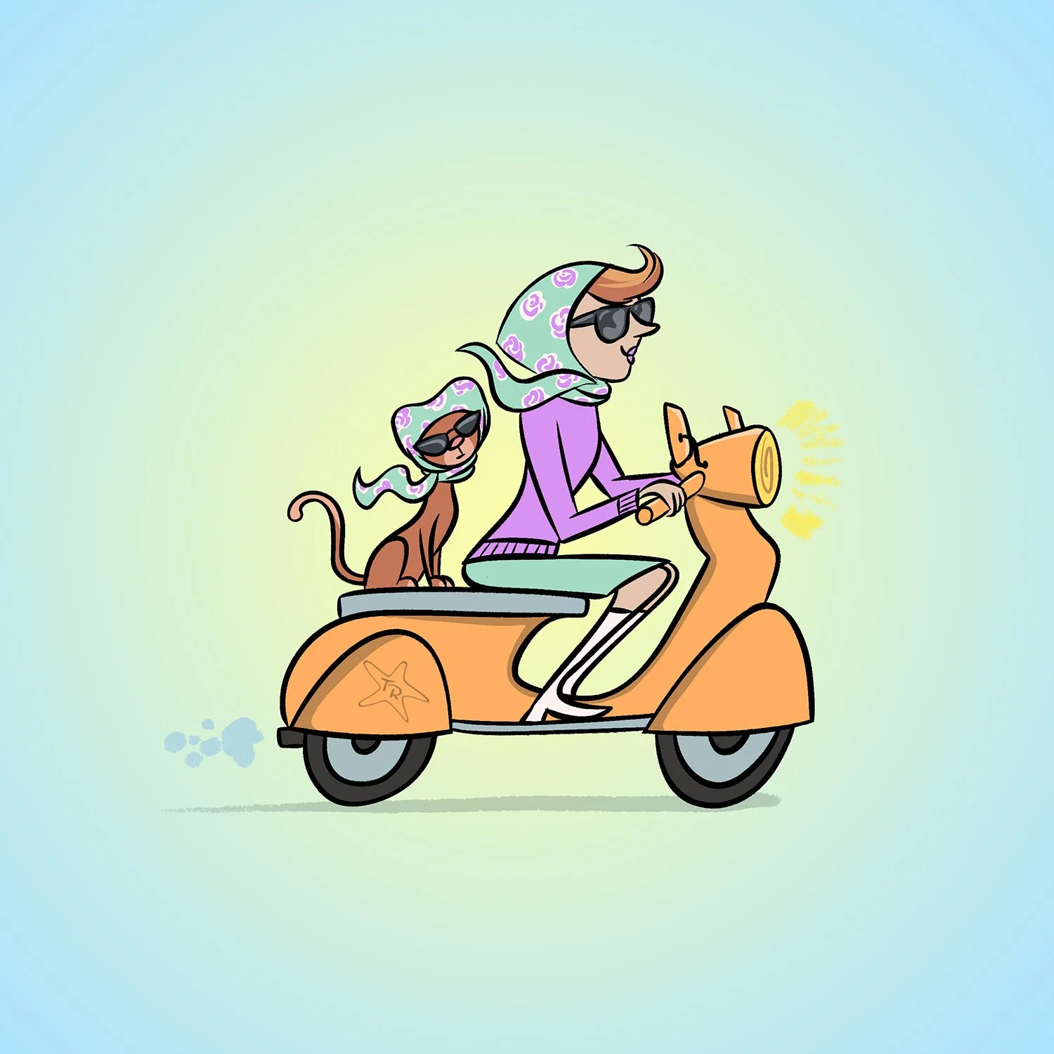 A cartoon woman riding a scooter with a dog sitting behind her. Both are wearing sunglasses and the woman has a purple scarf covering her head.