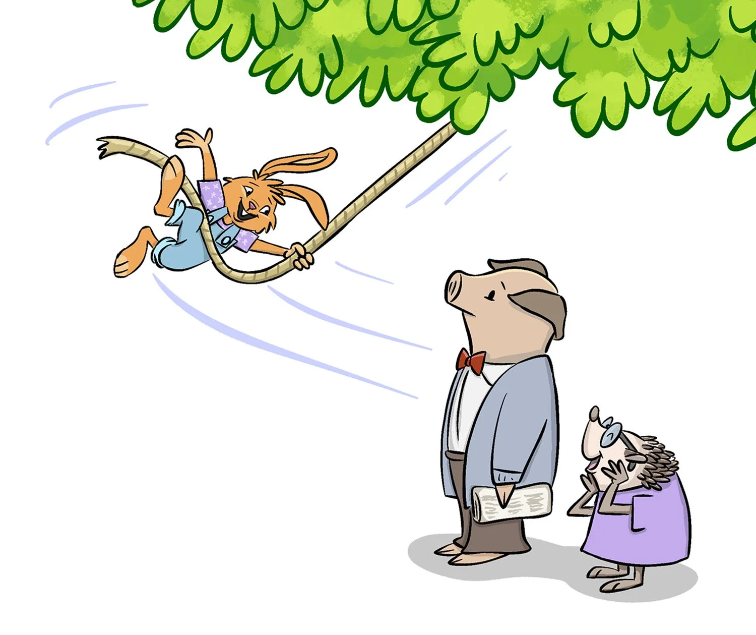Illustration of Breezy McBun swinging on a tree branch with Mr. Trotter and a hedgehog on the ground looking up. From the picture book A Very Serious Pig.