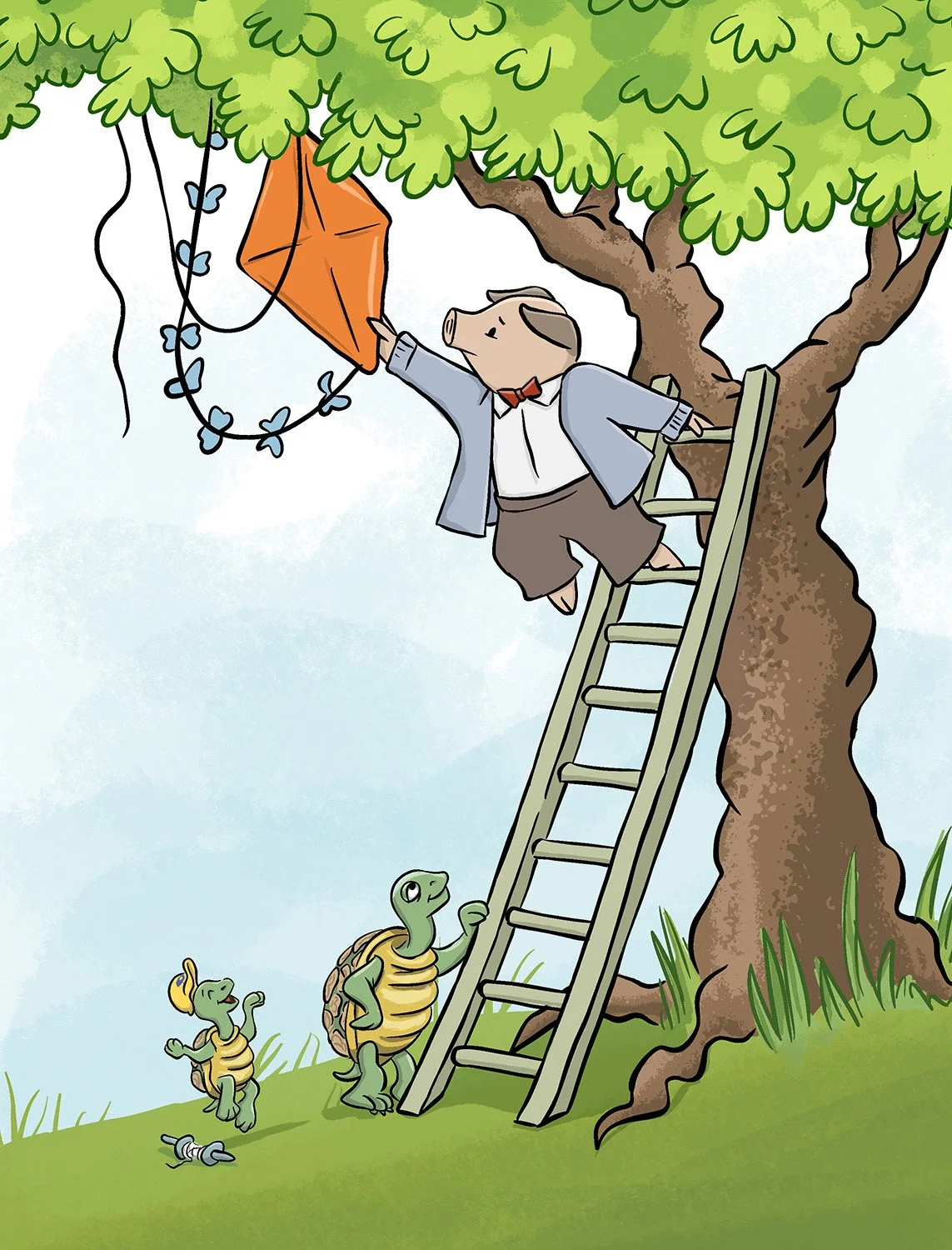 Illustration of Mr. Trotter in a blue jacket and red bow tie is climbing a ladder propped against a large tree, reaching for an orange kite entangled in the tree branches. From the picture book A Very Serious Pig.