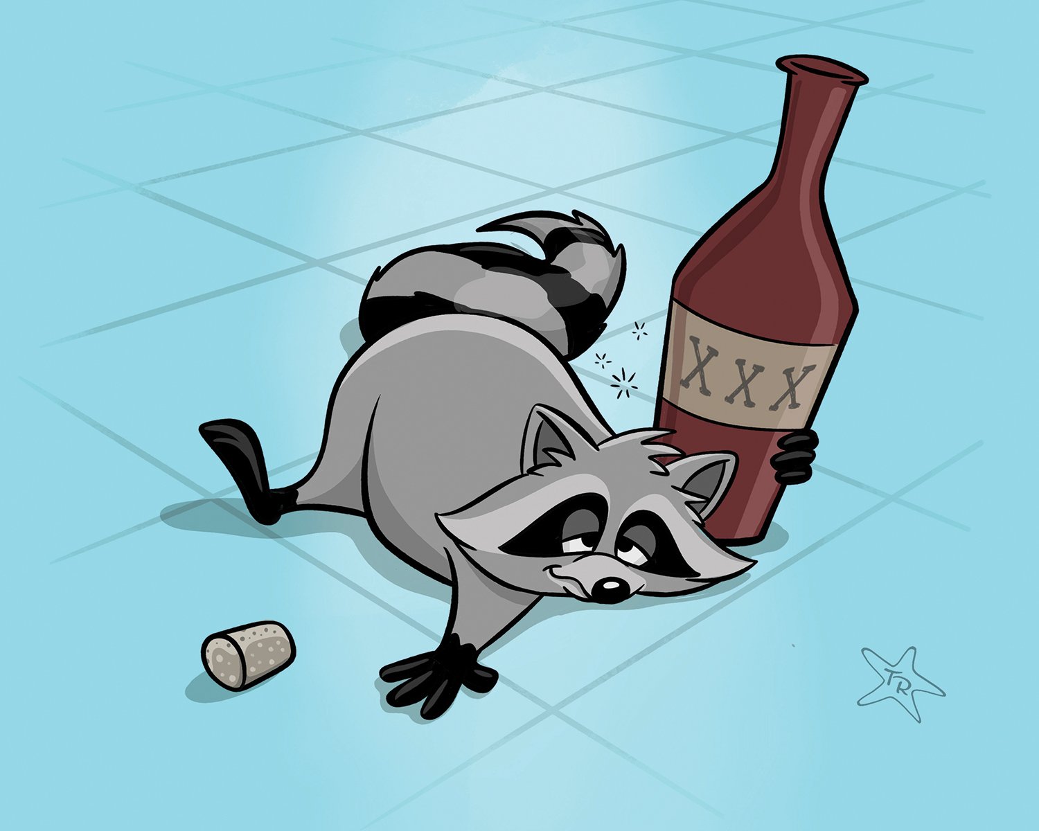 Illustration of a raccoon lying on its side on a tiled floor, appearing intoxicated, with a half-empty bottle labeled with three X's and a cork on the floor nearby.