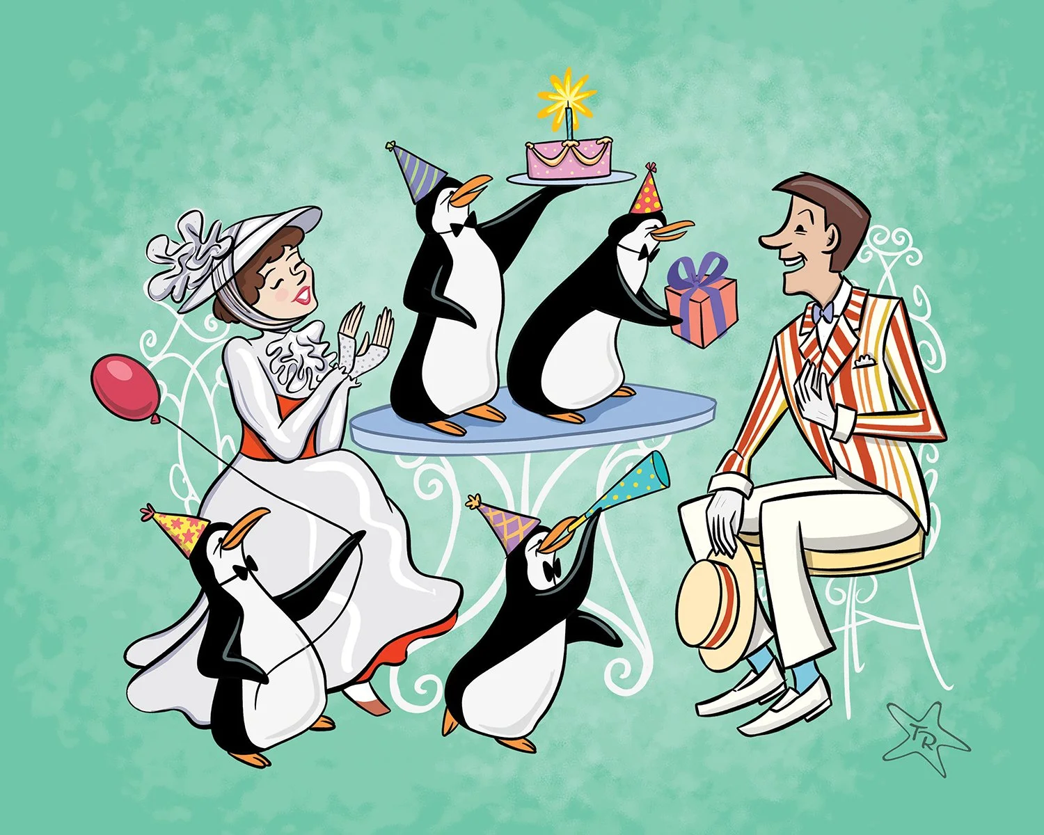 Illustration of Mary Poppins and birthday party for Bert.