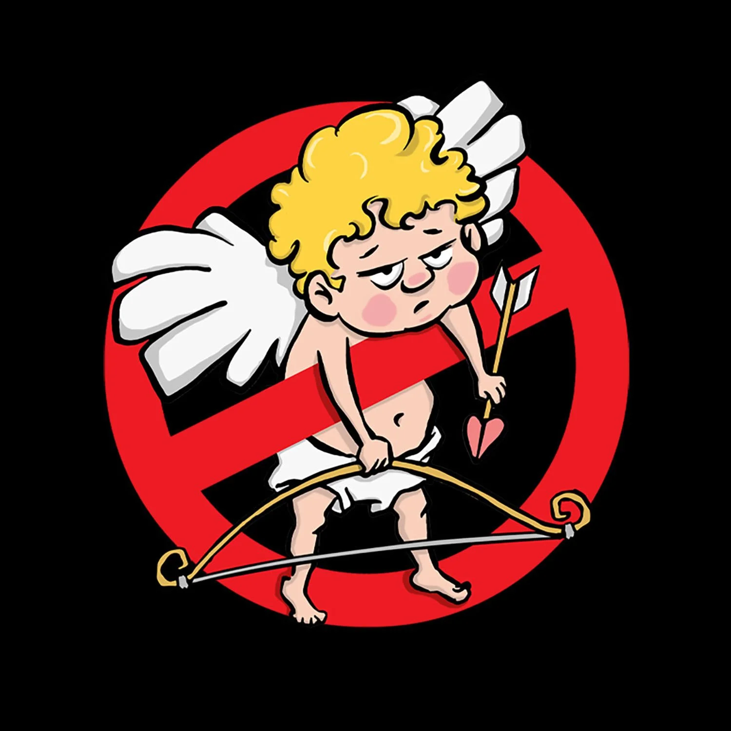 Illustration of Cupid with yellow curly hair, white wings, and no shirt, holding a bow and arrow with a heart-shaped tip, surrounded by a red circle with a slash through it, indicating no love.