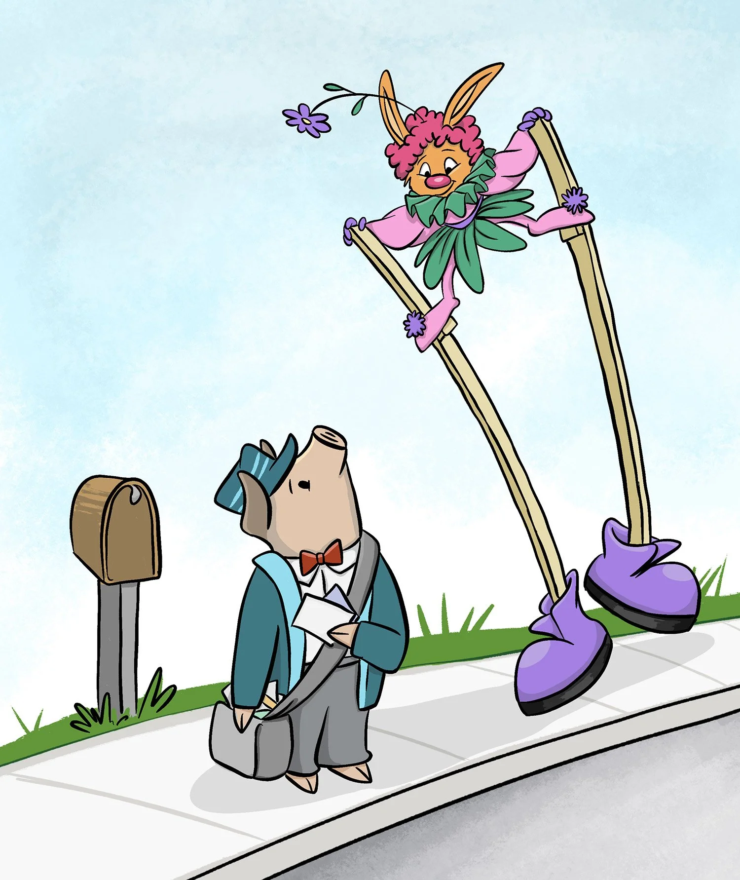 Illustration of Mr. Trotter and Breezy McBun in a costume, from the picture book A Very Serious Pig.