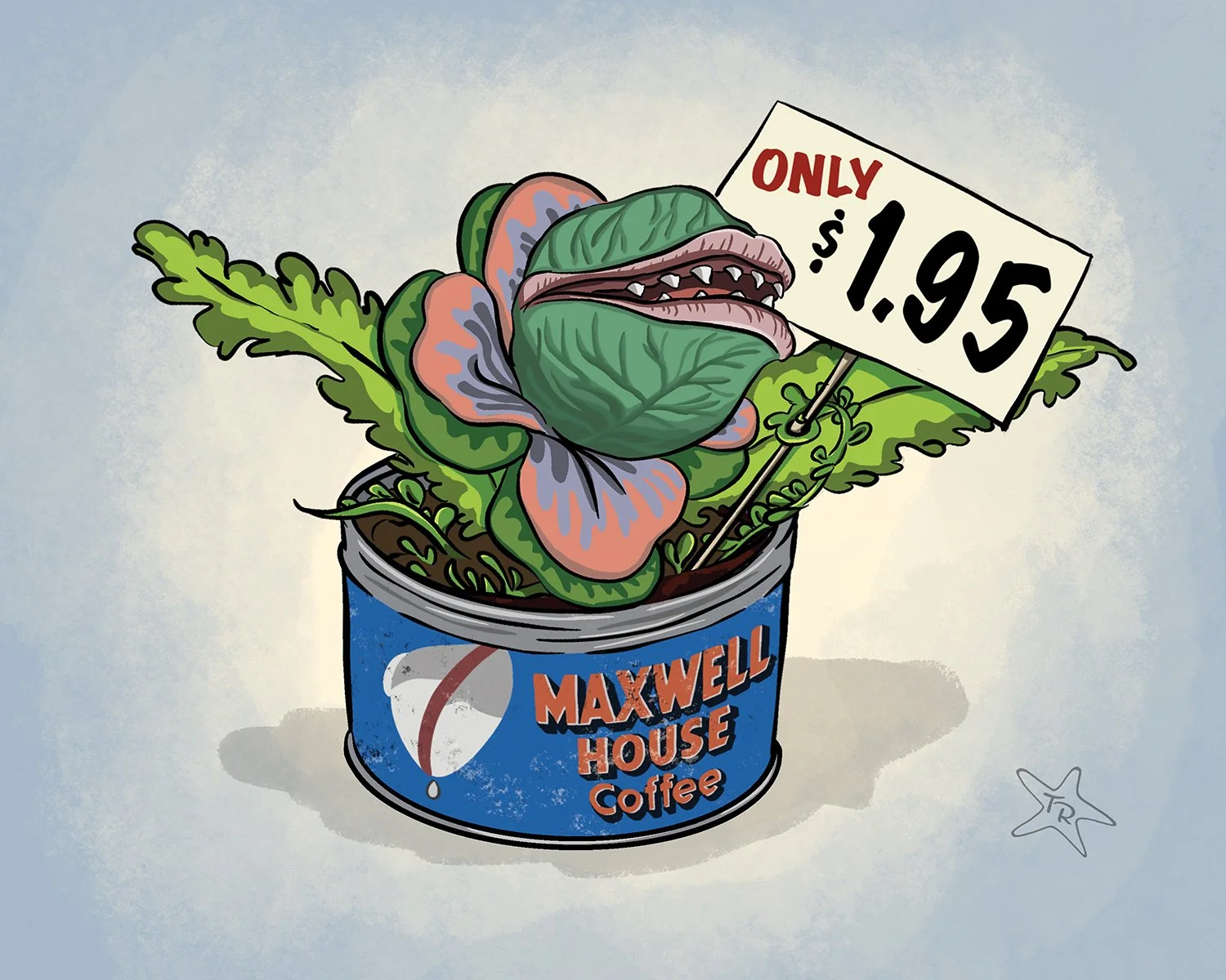 Illustration of Audrey II from Little Shop of Horrors in Maxwell House coffee can.
