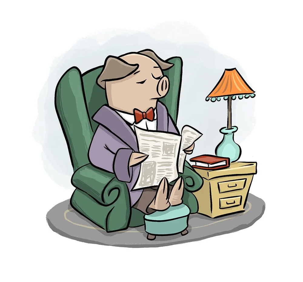 Illustration of Mr. Trotter sitting in a green armchair, reading a newspaper, with a side table and lamp nearby. From the picture book A Very Serious Pig.