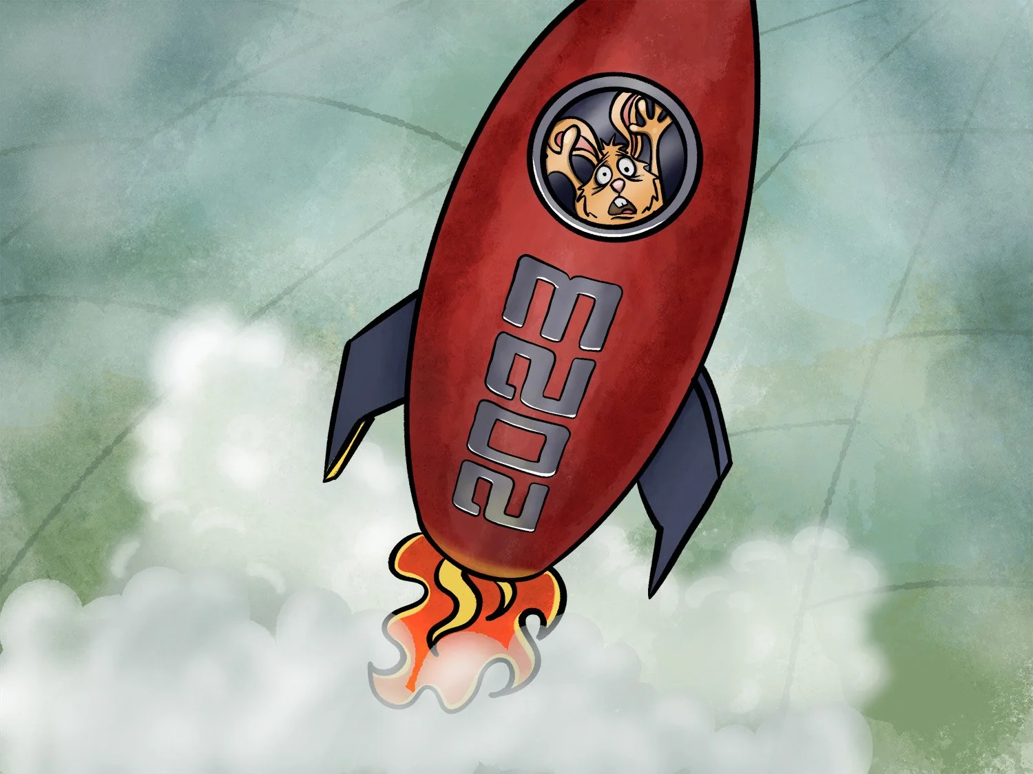 Illustration of a rocket, flying through a cloudy sky with a surprised cat depicted as the pilot inside the window.