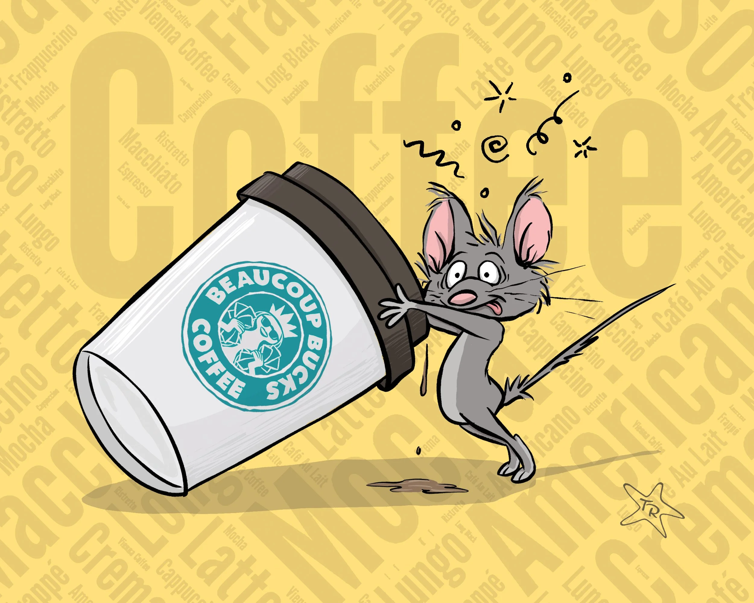 Illustration of a cute mouse with wide eyes and pink ears, pulling a large coffee cup labeled 'Beaucoup Bucks Coffee' over a yellow background featuring various coffee-related words.