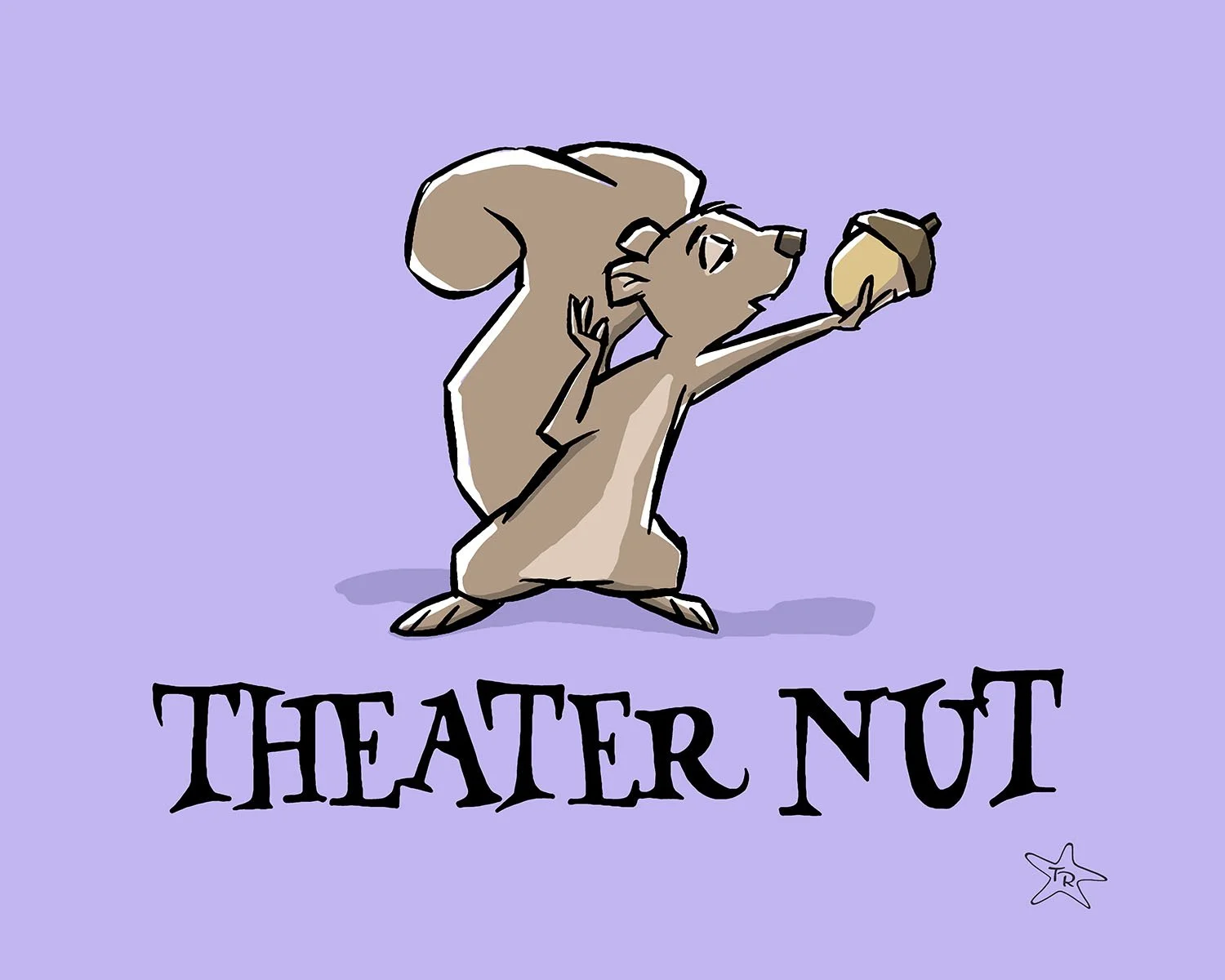 An illustration of a squirrel holding an acorn like the skull in Shakespeare's Hamlet, with the phrase "THEATER NUT" written below.