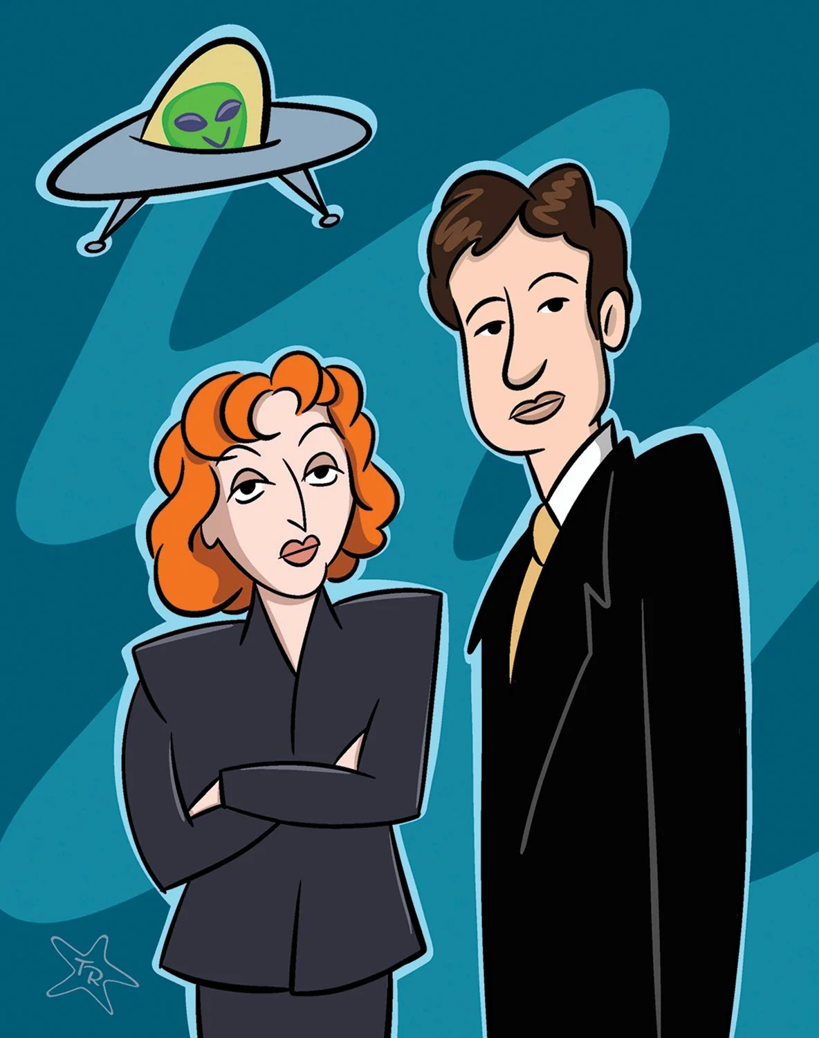 An illustration of X-Files characters Dana Scully and Fox Mulder with a spaceship overhead.