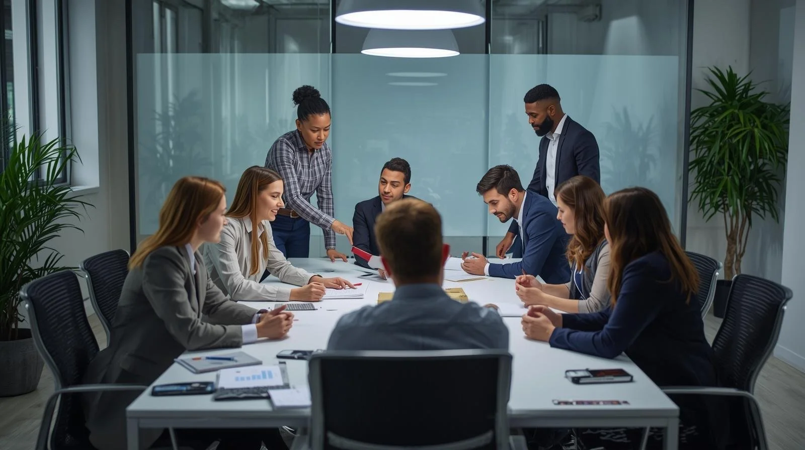 Business meeting with multiple professionals seated around a conference table, engaged in discussion, with two people standing and collaborating over documents.