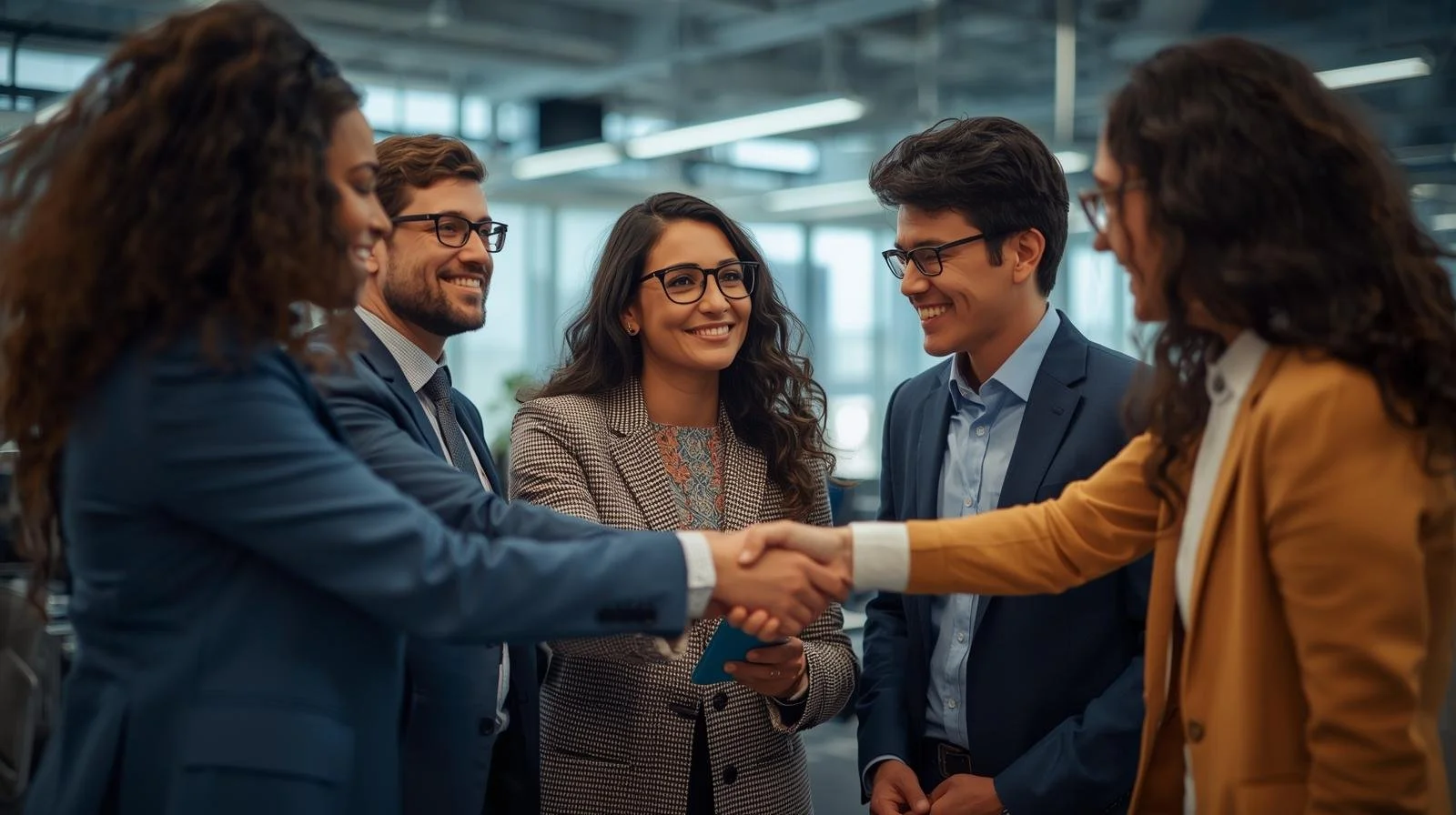 Business professionals shaking hands in a modern office, smiling and engaging in a positive meeting.