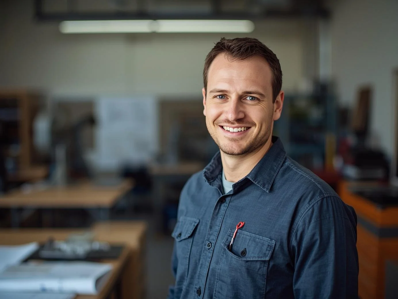 A smiling man in a blue shirt standing in an office environment.