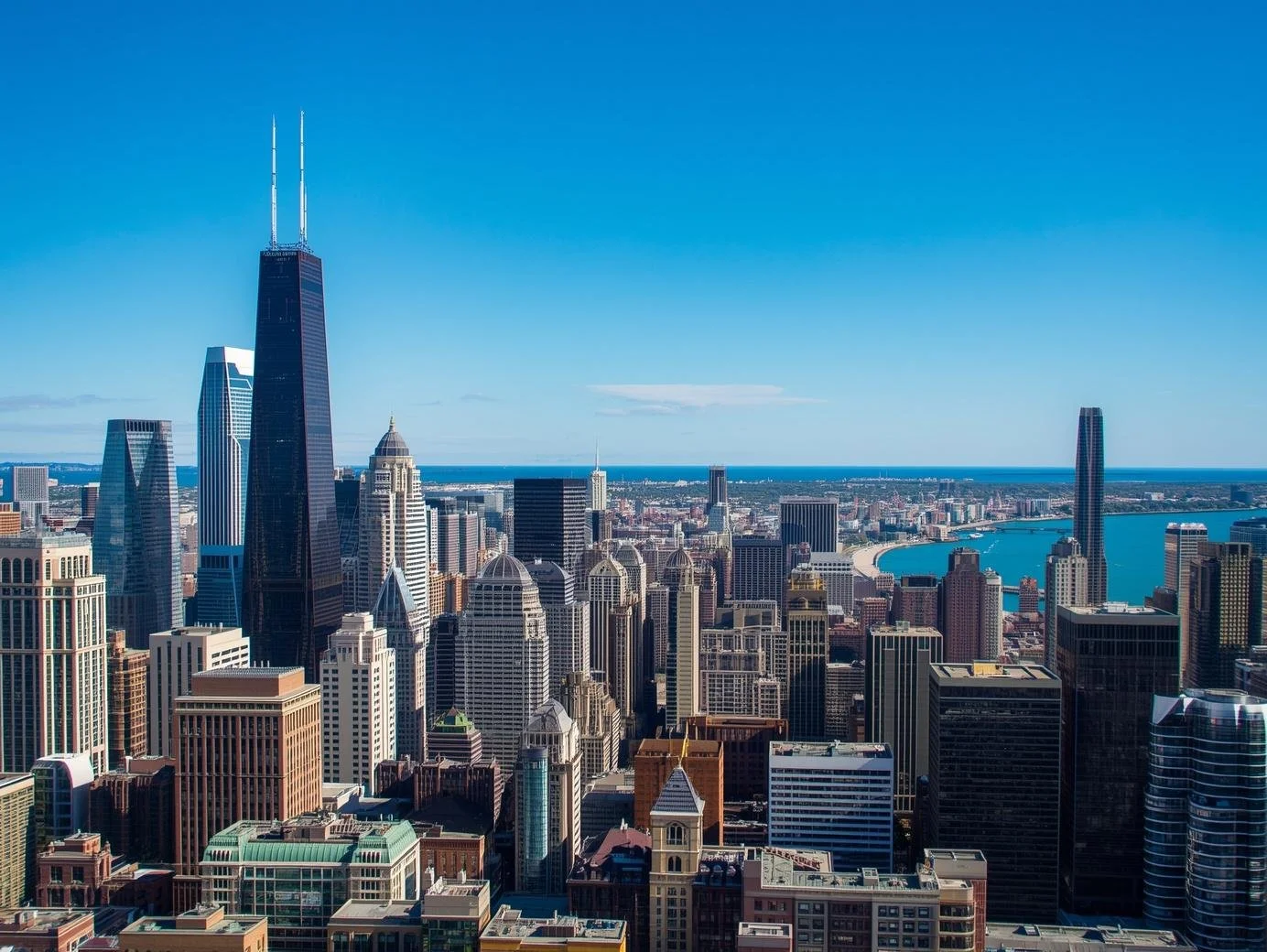 Aerial view of Chicago skyline featuring Willis Tower, buildings, the shoreline, and Lake Michigan in the distance on a clear day.