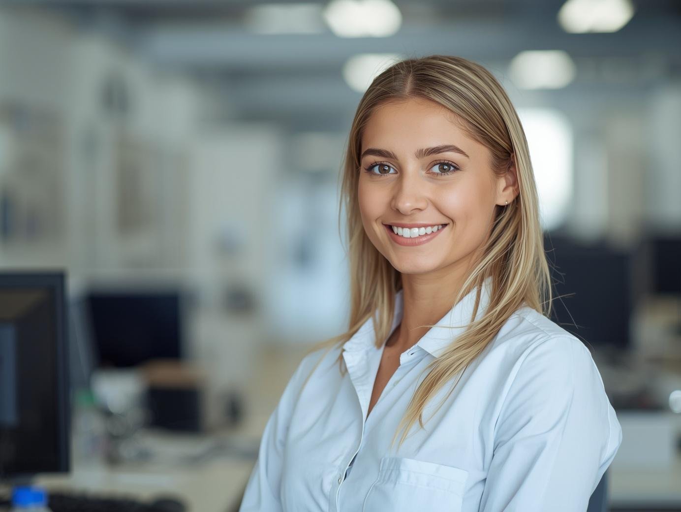 A young woman with blonde hair and a white shirt smiling in an office setting.