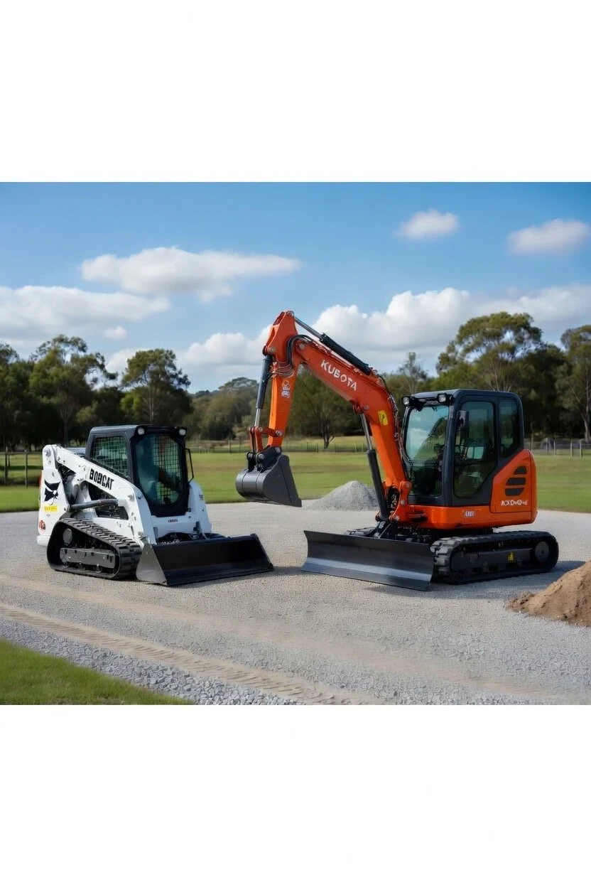 A white Bobcat compact track loader and an orange Kubota mini excavator working together on a gravel pathway in a park or open field with trees and a blue sky with clouds in the background.