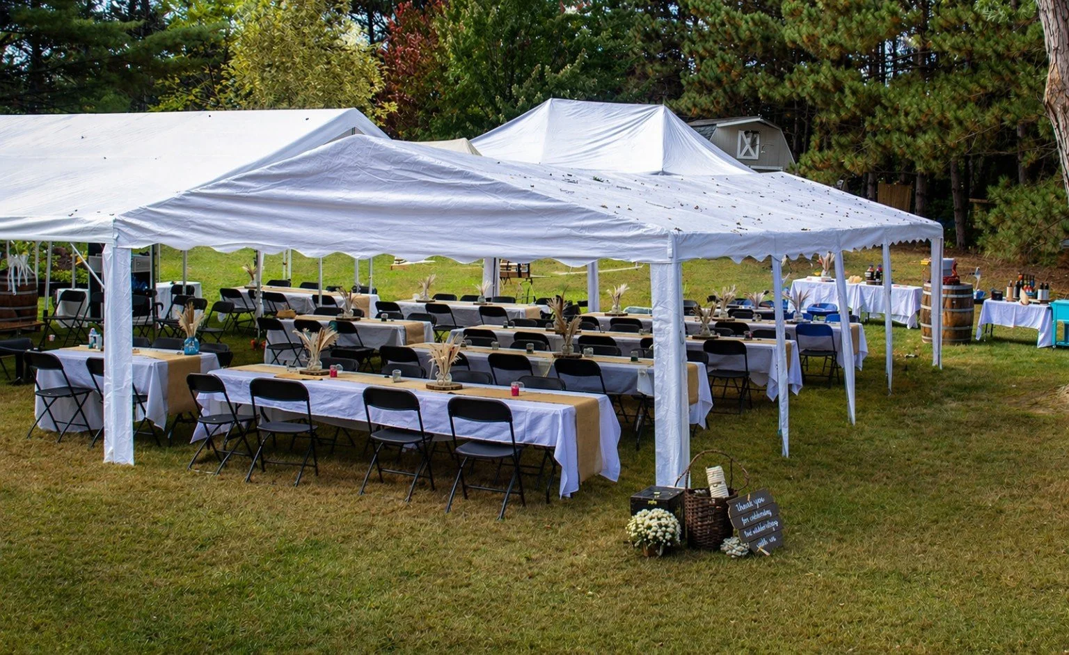 20x30 party tent rental with tables and chairs for graduation and backyard events in Coon Rapids, MN.