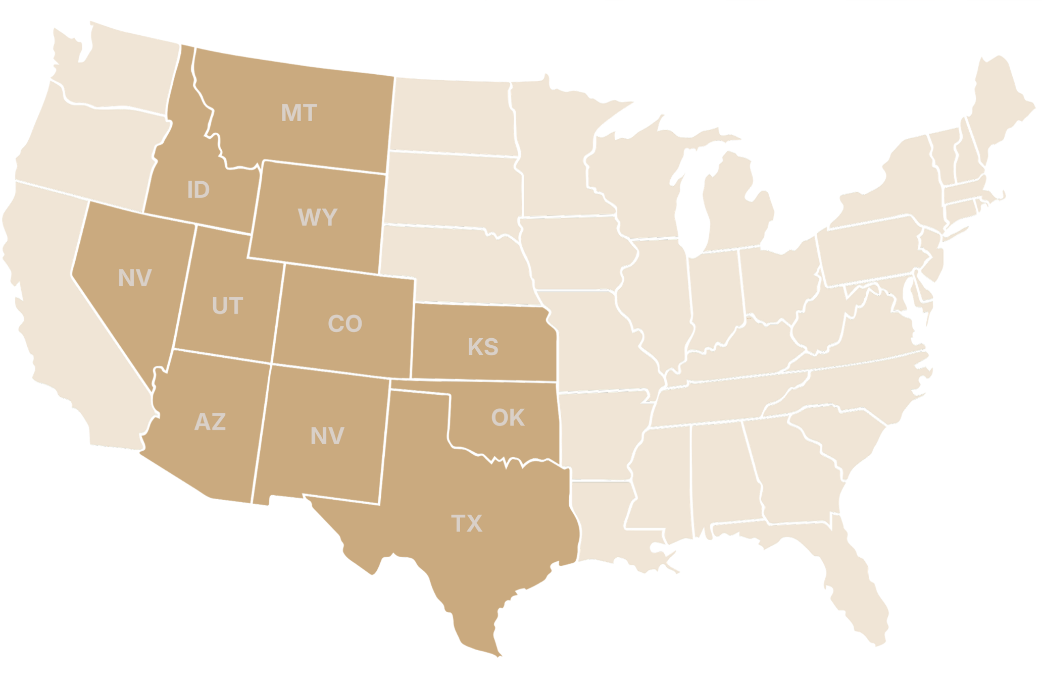 Map of the United States showing only the states of Montana, Idaho, Wyoming, Nevada, Utah, Colorado, Kansas, Arizona, New Mexico, Texas, and Oklahoma highlighted in beige, with their abbreviations, while the rest of the states are in light beige.