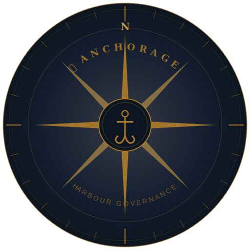 Close-up of a navy blue compass with gold details, showing 'ANCHORAGE' at the top and 'Harbour Governance' at the bottom, with an anchor symbol in the center.
