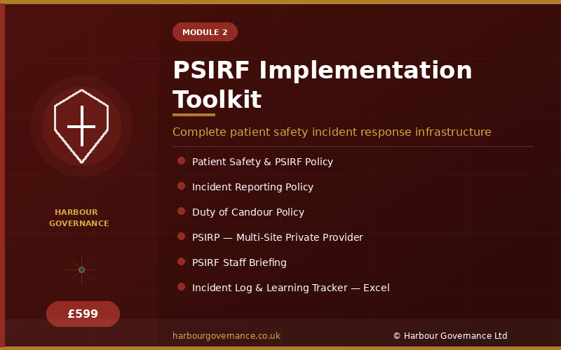 A slide from a presentation titled 'PSIRF Implementation Toolkit' with a dark red background. It lists policies and tools related to patient safety incident response, including patient safety policy, incident reporting policy, duty of candour policy, private provider details, staff briefing, and incident log tracker in Excel. The slide features a shield icon with a cross, a price tag of £599, and the website harbourgovenance.co.uk.