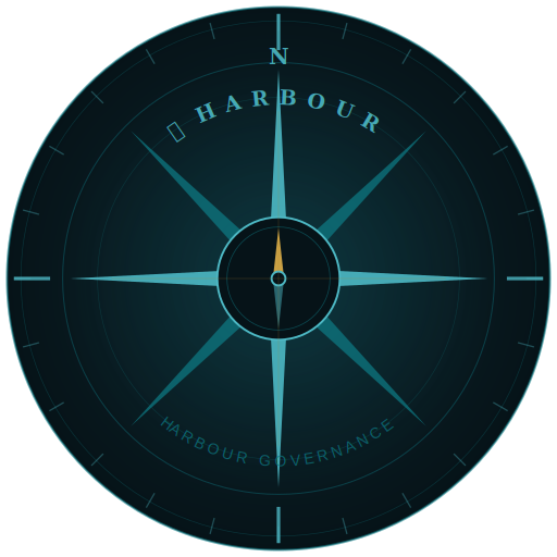 A compass rose with labeled cardinal directions and the words 'Harbour' and 'Harbour Governance' on a nautical-themed background.